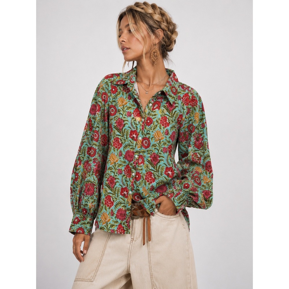 Novica Blue Red Floral 100% Cotton Block Cottagecore Boho Shirt S